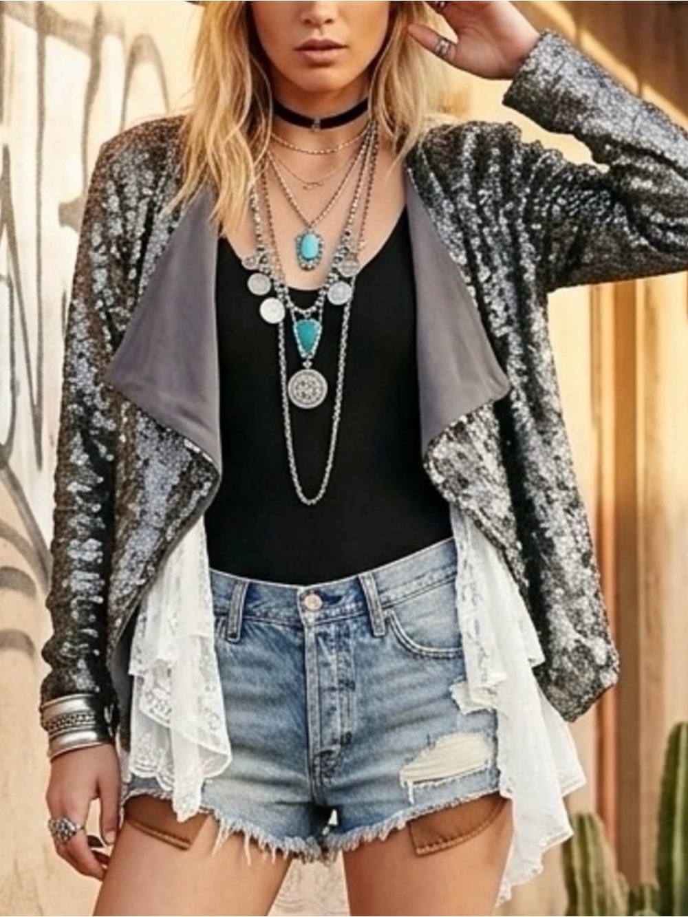 Free People Sequin Open Front Waterfall Jacket 
In Silver Women’s Size: XS